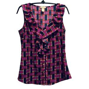 Banana Republic Pop Art Top Sz M Ruffled Neckline Sleeveless Button Front